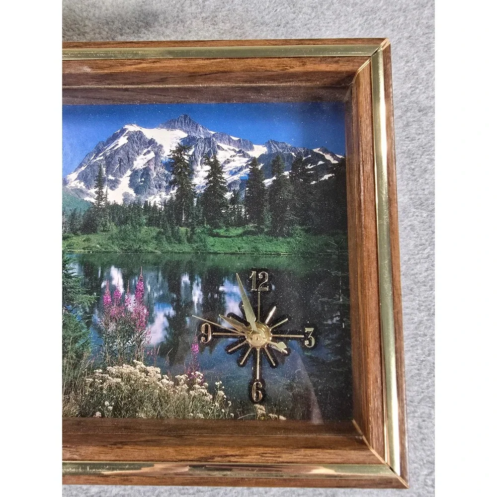 Vintage 80s Takane Shadow Box Wall Clock Mountain Lake Landscape MCM Retro